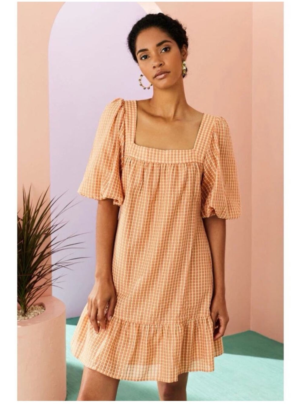 Marie Oliver Kaylee Silk Cotton Puff Sleeve Mini Dress Babydoll Plaid Ruffle XXS